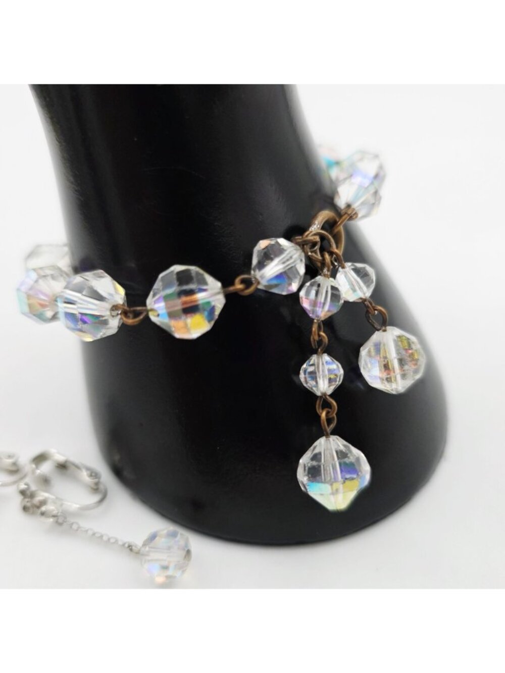 Crystal Iridescent Bead Bracelet & Clip-On Earrings Aurora Borealis MCM 1950s - Picture 3 of 9